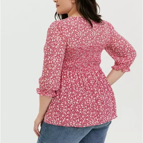 Torrid Size 3 Babydoll Chiffon Smocked Top Blouse Pink Ditsy Floral Prairie 3X - Picture 6 of 8